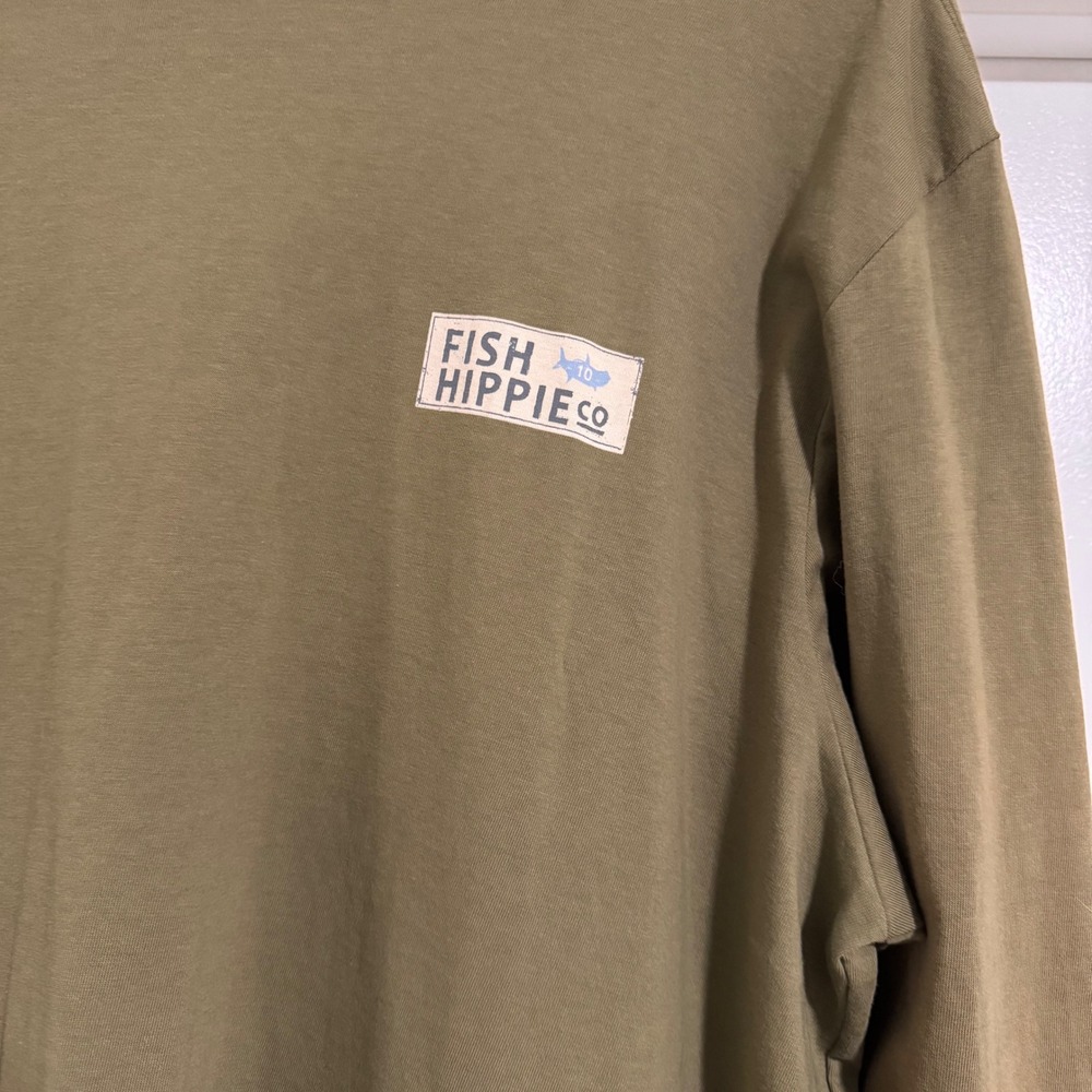 Fish Hippie Co Mens Olive Green After Party Graphic Long Sleeve T-Shirt Size L‎